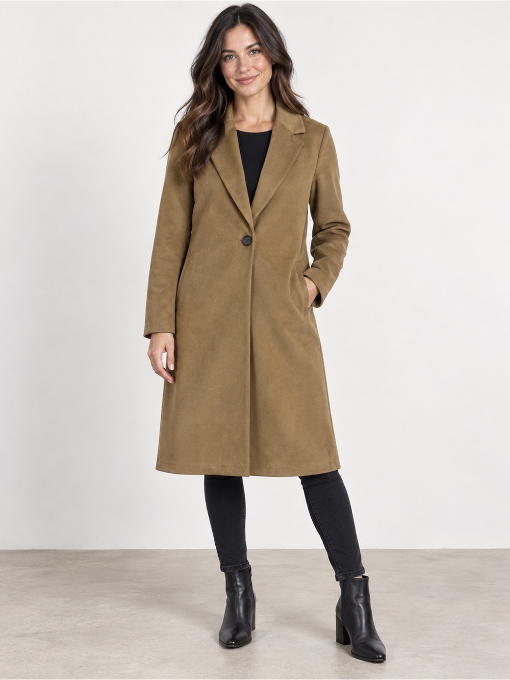 Ambiance Outerwear Faux Suede Long Blazer Coat Camel Brown Size S